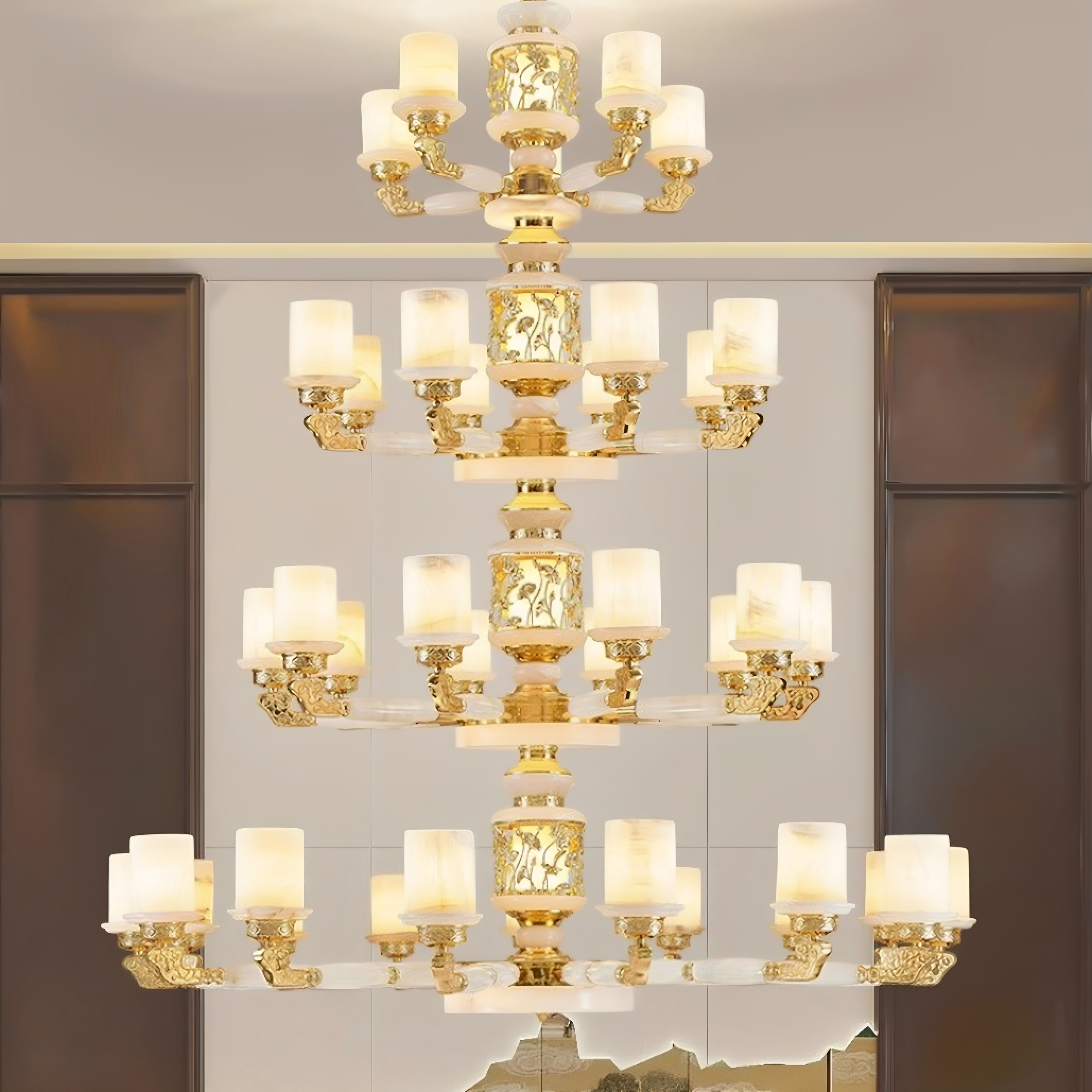 新中式别墅客厅大吊灯全铜玉石高端大气复式楼酒店大厅中国风灯具