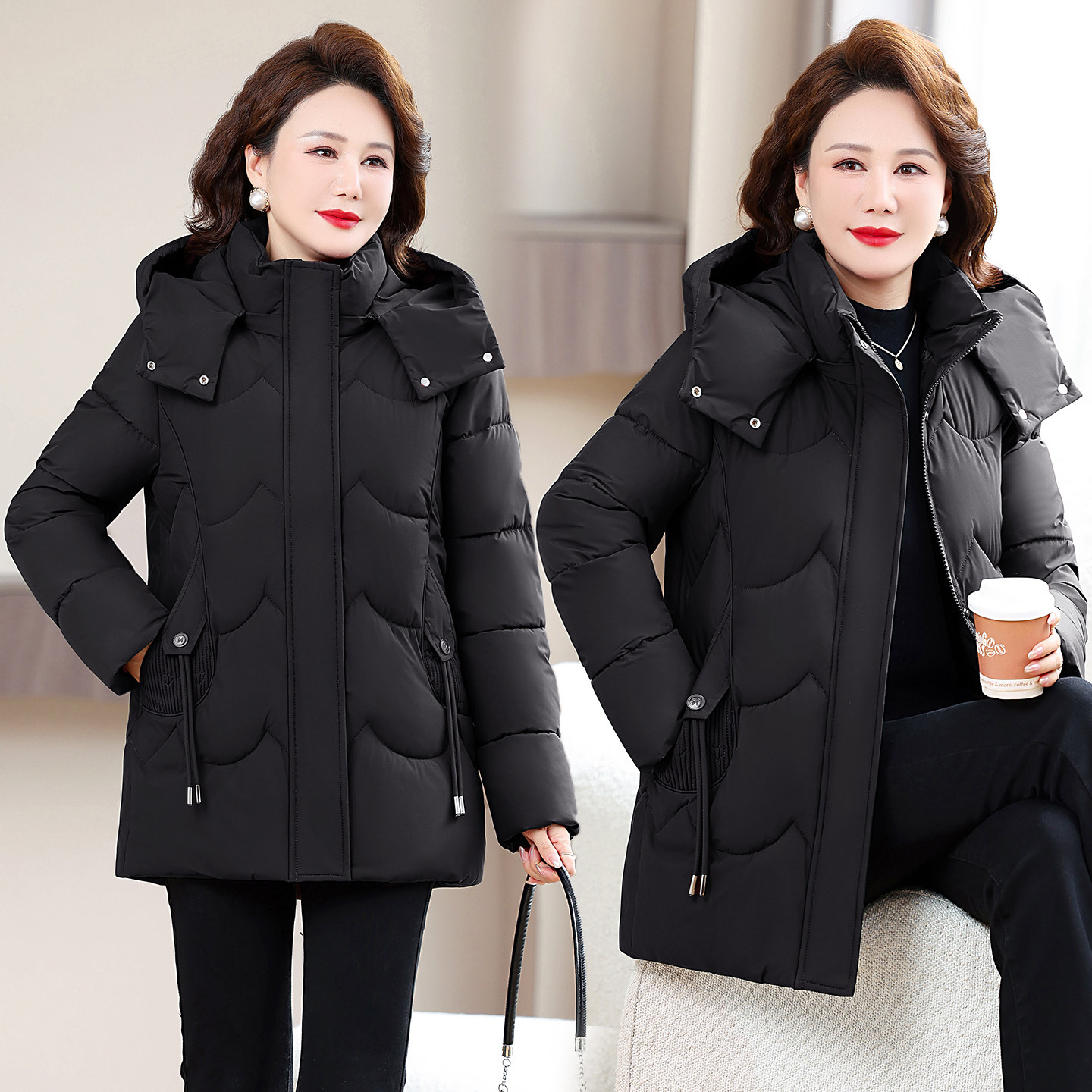 冬季中老年女加厚保暖连帽棉服