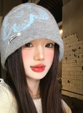 韩系ins博主同款灰色花朵针织冷帽女冬保暖毛线帽大头围包头帽子