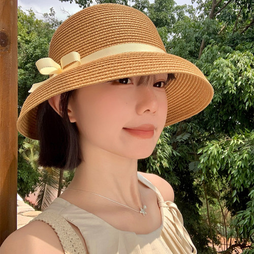 赫本风蝴蝶结礼帽女夏季防晒遮阳