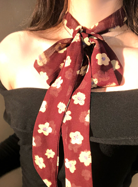 韩系复古碎花红色丝巾女士系脖高级感时尚搭衬衫颈饰飘带领巾围脖