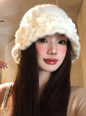 白色花朵针织渔夫帽女秋冬季保暖高级感盆帽大头围显脸小毛线帽子