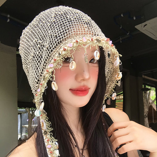 波西米亚风贝壳流苏镂空包头帽女