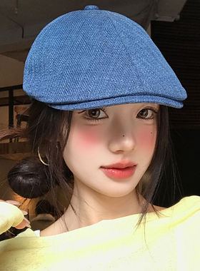 日系复古蓝色棉麻前进帽女士高级感时髦洋气画家帽贝雷帽子显脸小