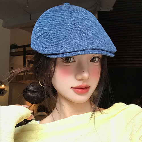 日系复古蓝色棉麻前进帽女士高级