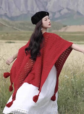 民族风红色镂空针织披肩外套女夏