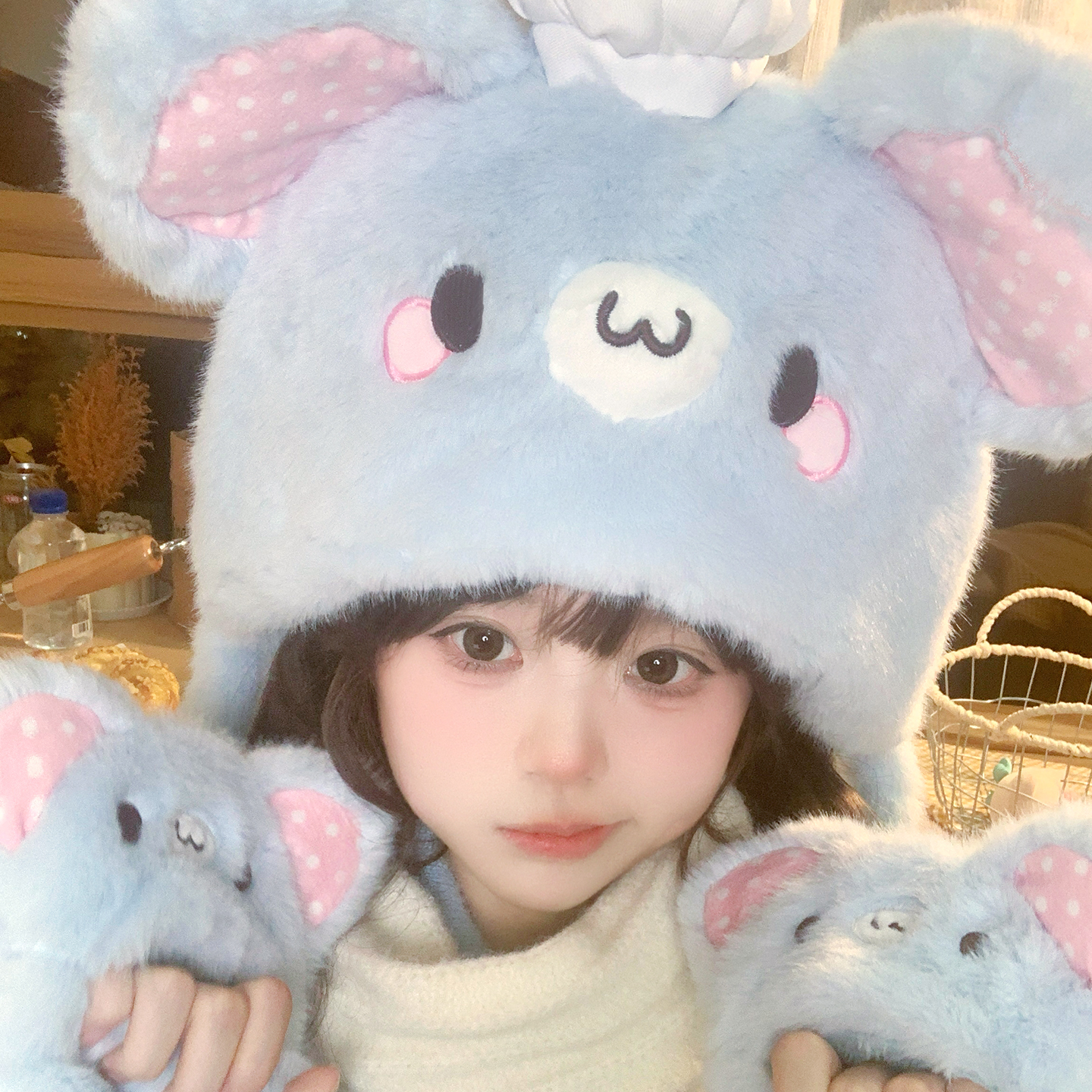 芝芝鼠可爱毛绒帽子女冬季加绒