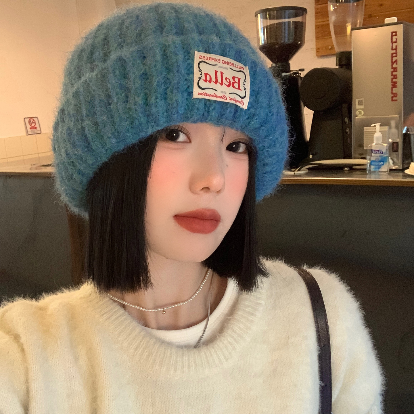 湖蓝色针织毛线帽女2025新款秋冬