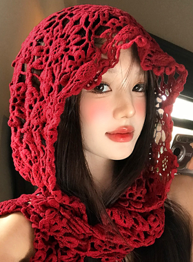 红色镂空钩花披肩针织帽女夏旅游