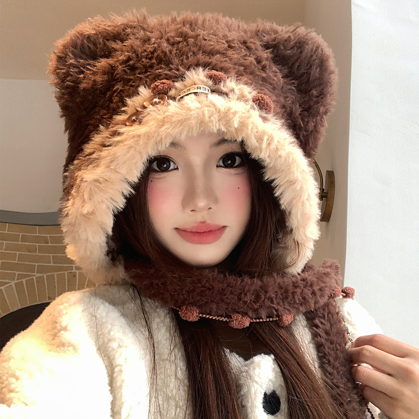 可爱咖色小熊耳朵毛绒帽女冬加厚保暖防寒显脸小户外针织雷锋帽子
