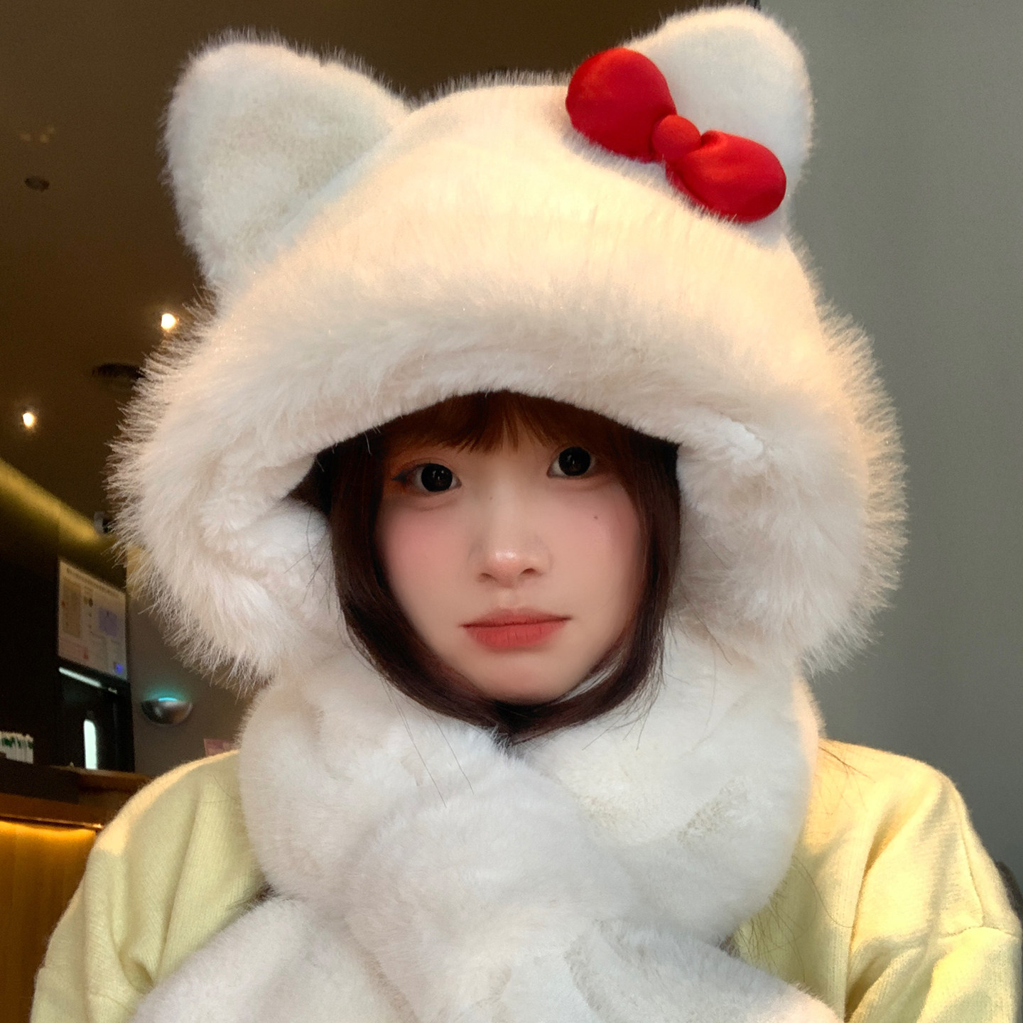可爱蝴蝶结猫耳朵毛绒帽子围巾女