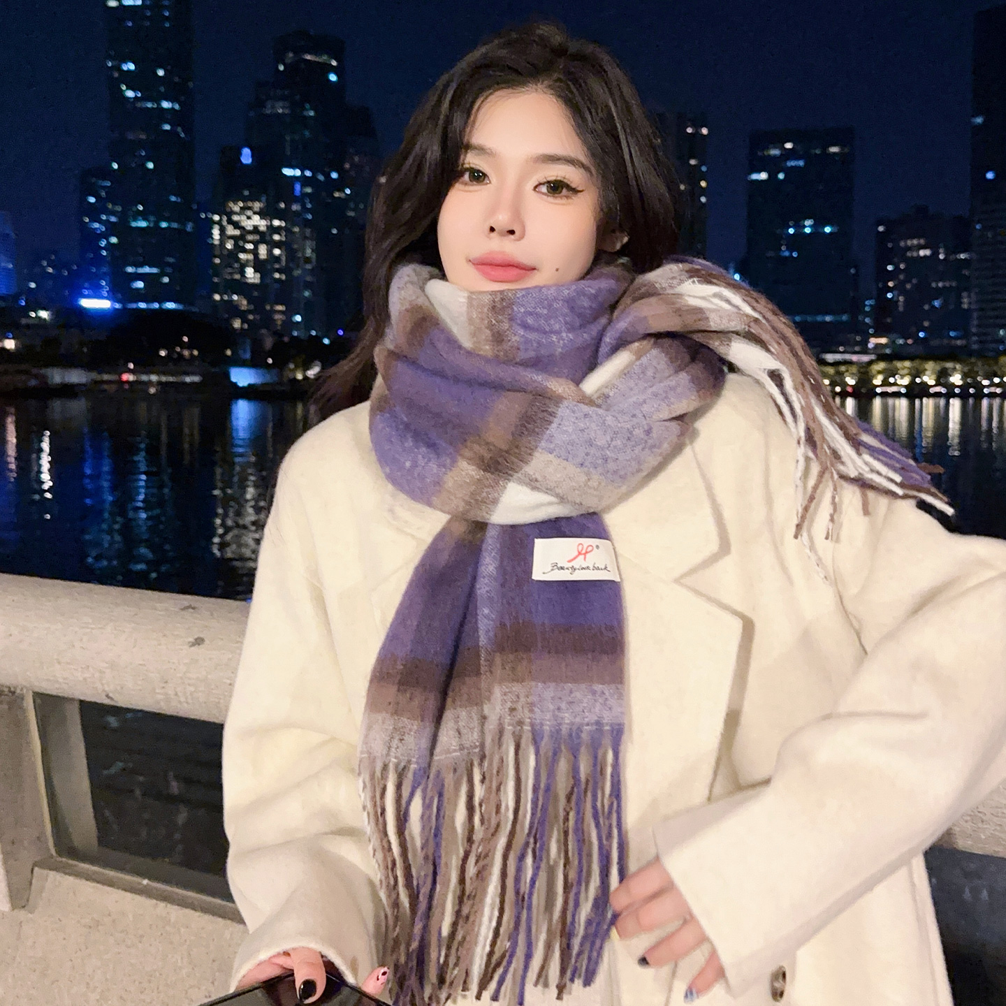 粉色格子马海毛流苏围巾女冬韩系