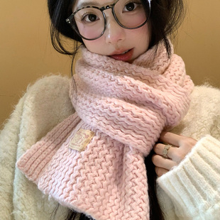 粉色手工针织围巾女秋冬韩系氛围感保暖加厚学生护颈百搭毛线围脖