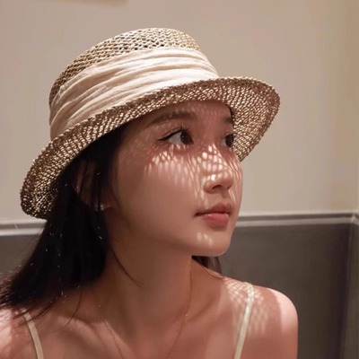 法式复古老钱风草编镂空平顶草帽