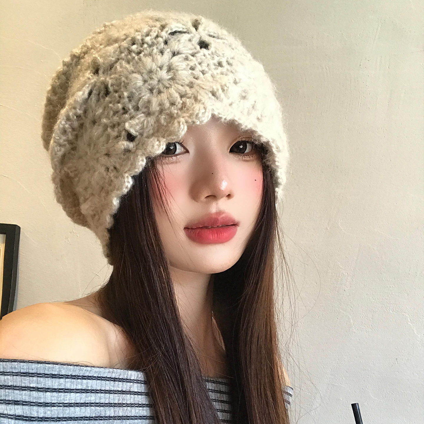 手工钩针花朵镂空针织包头帽女