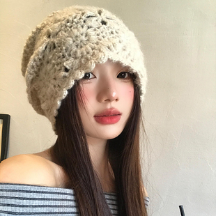 手工钩针花朵镂空针织包头帽女秋冬季保暖百搭显脸小毛线堆堆帽子