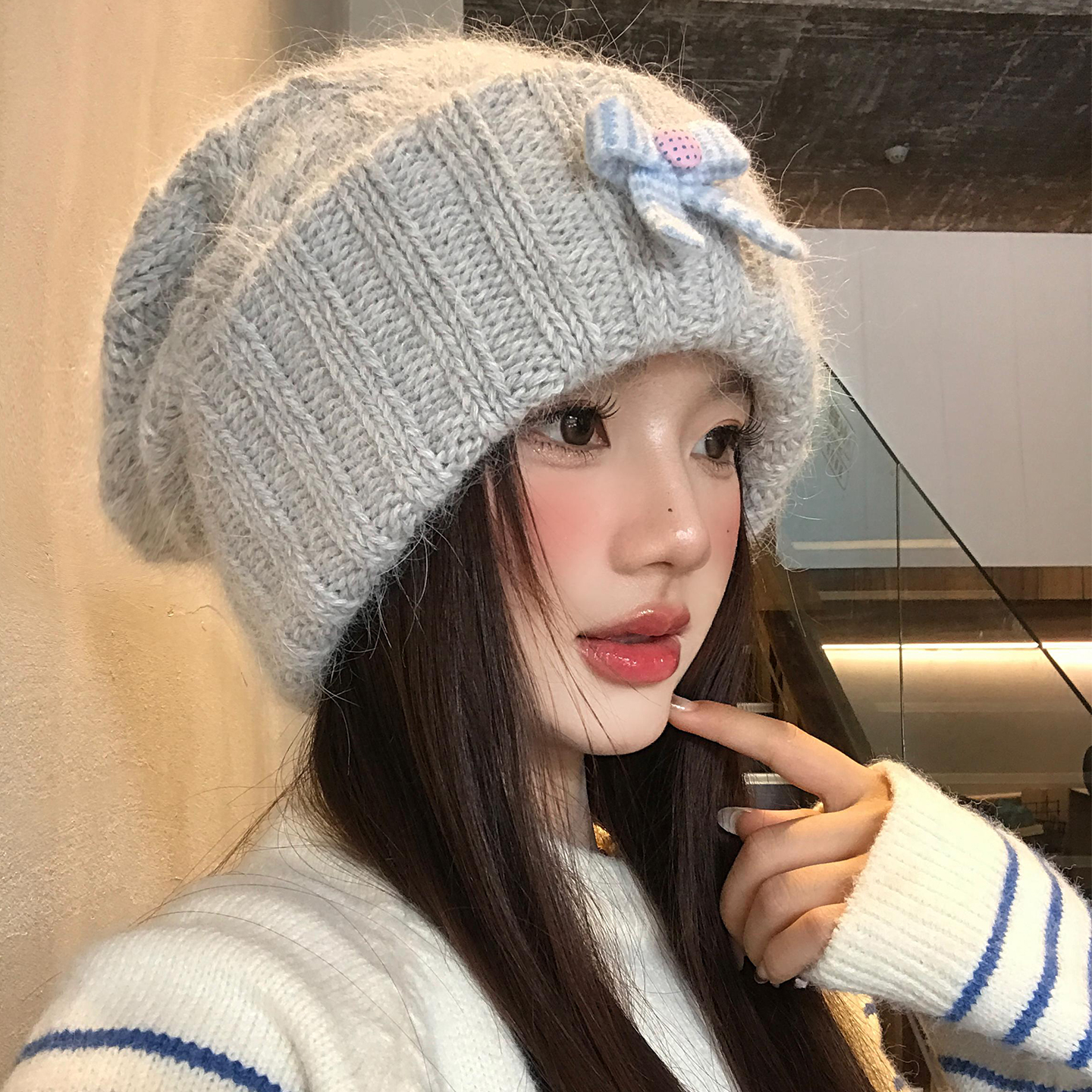 可爱蝴蝶结针织毛线帽女秋冬季保暖宽松大头围显脸小包头护耳冷帽