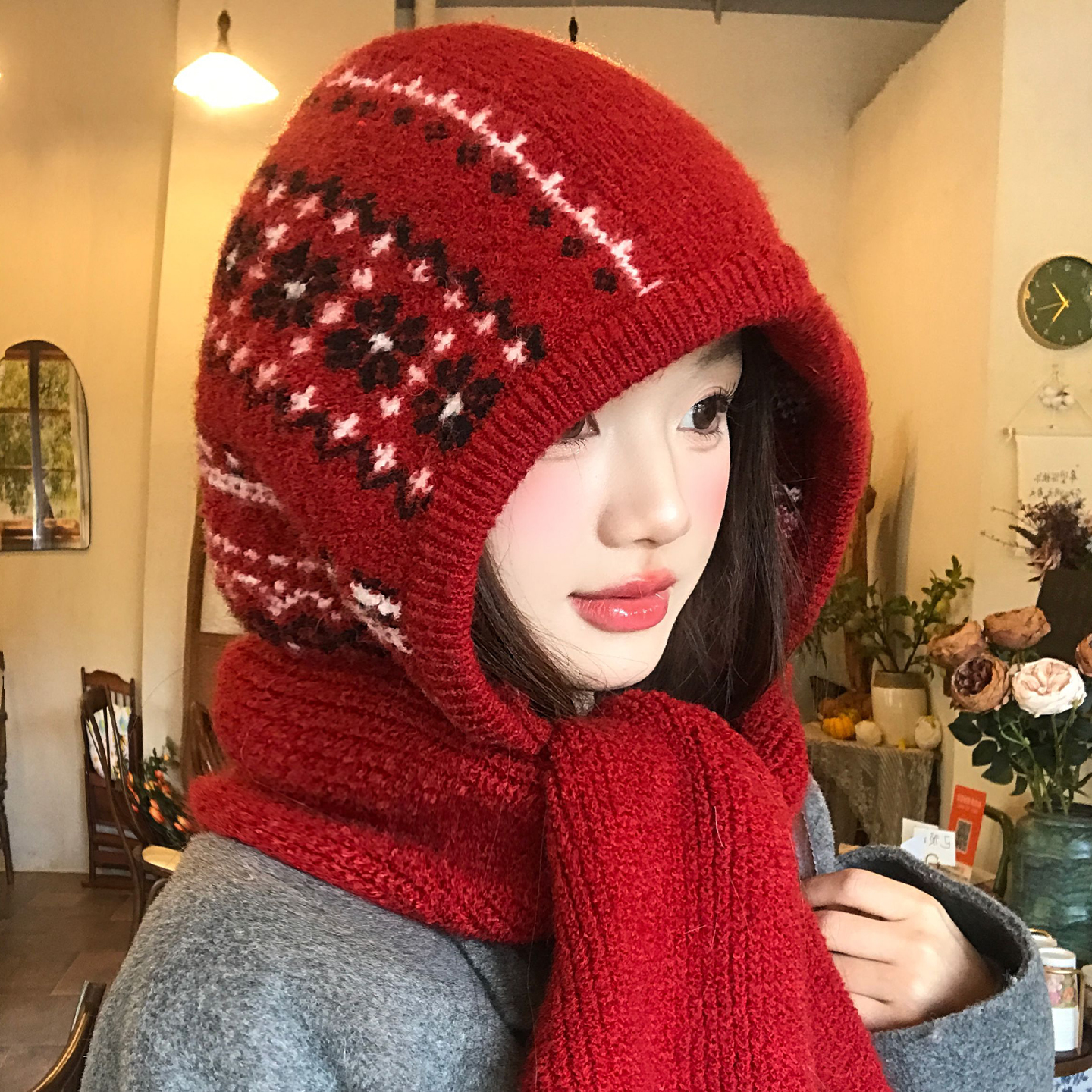 费尔岛红色巴拉克拉法帽女冬保暖