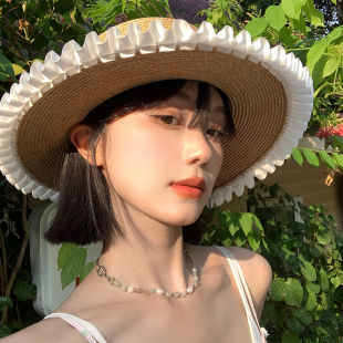 法式 平顶太阳帽子大帽檐防晒遮阳帽 蝴蝶结蕾丝褶皱花边草帽女夏季