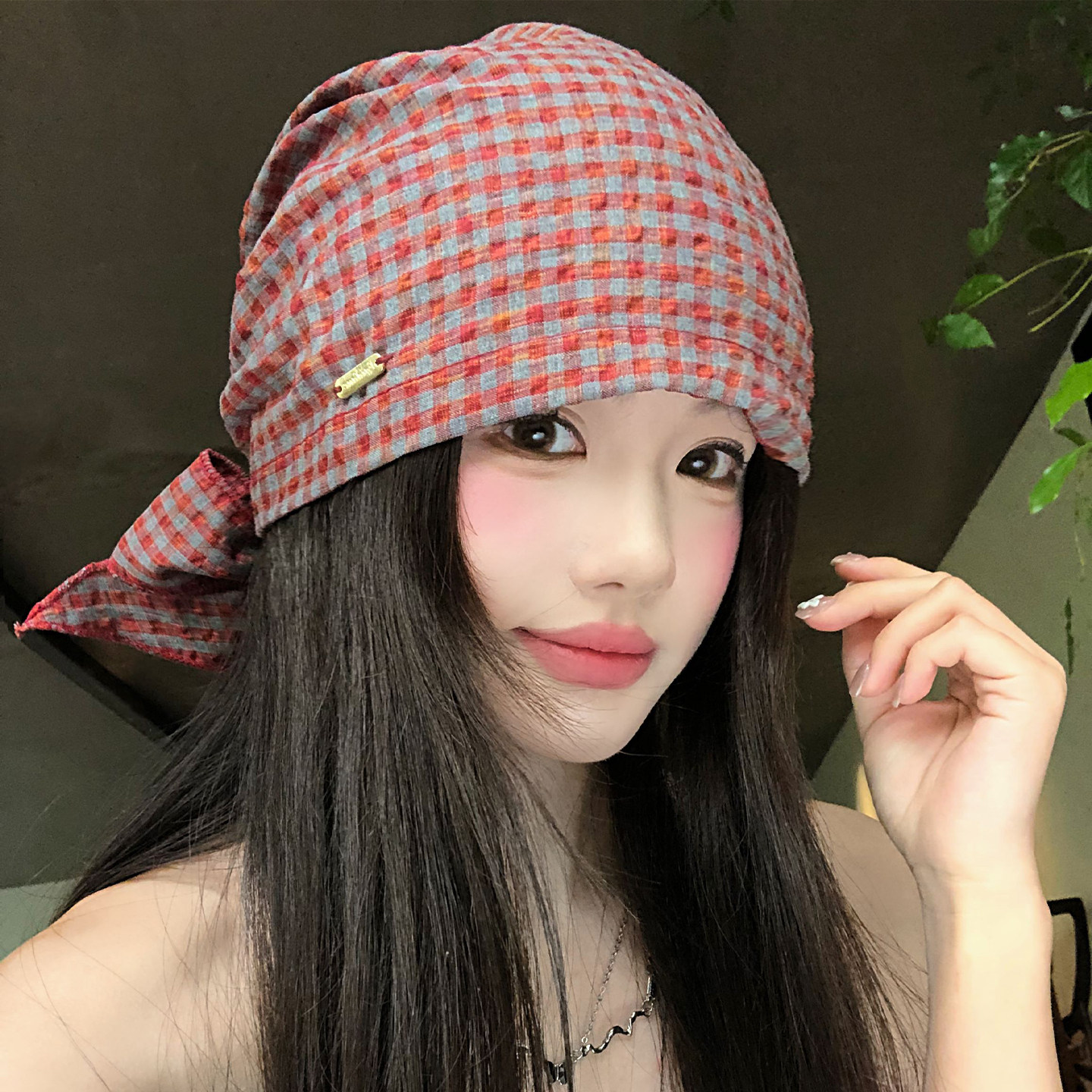 复古格纹双面可戴绑带头巾帽女春夏时尚显脸小包头帽子百搭堆堆帽