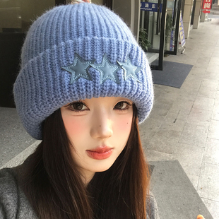 保暖加厚韩版 冬季 包头毛线帽 2025新款 大头围蓝色星星针织帽子女款