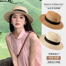 法式2025新款平顶草帽女夏季高级感海边拍照大头围显脸小太阳帽子