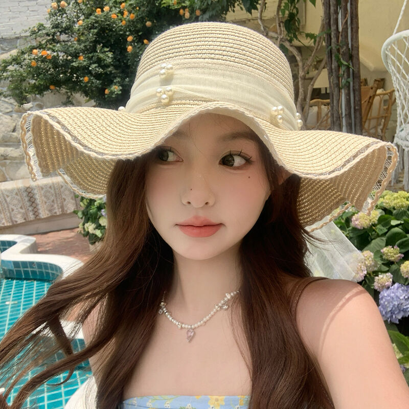 蕾丝珍珠波浪边蝴蝶结草帽女夏季