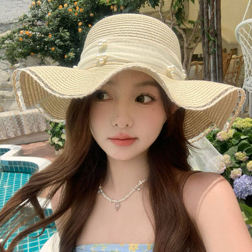 蕾丝珍珠波浪边蝴蝶结草帽女夏季