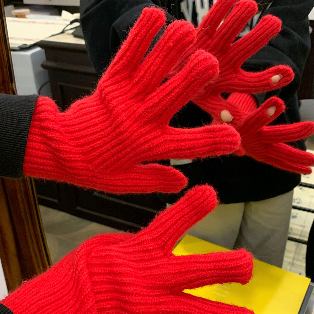 新年红色露指触屏毛线针织手套