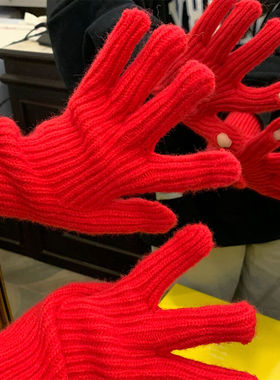 新年红色露指触屏毛线针织手套女冬季分指防寒加厚保暖韩版ins潮