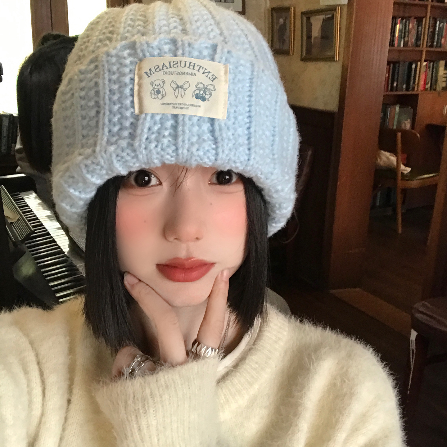 大头围蓝色针织帽子女秋冬保暖