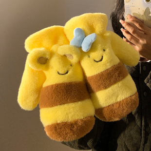 可爱蜂蜜小熊蝴蝶结黄色毛绒手套女秋冬季 2025保暖百搭防风骑行潮