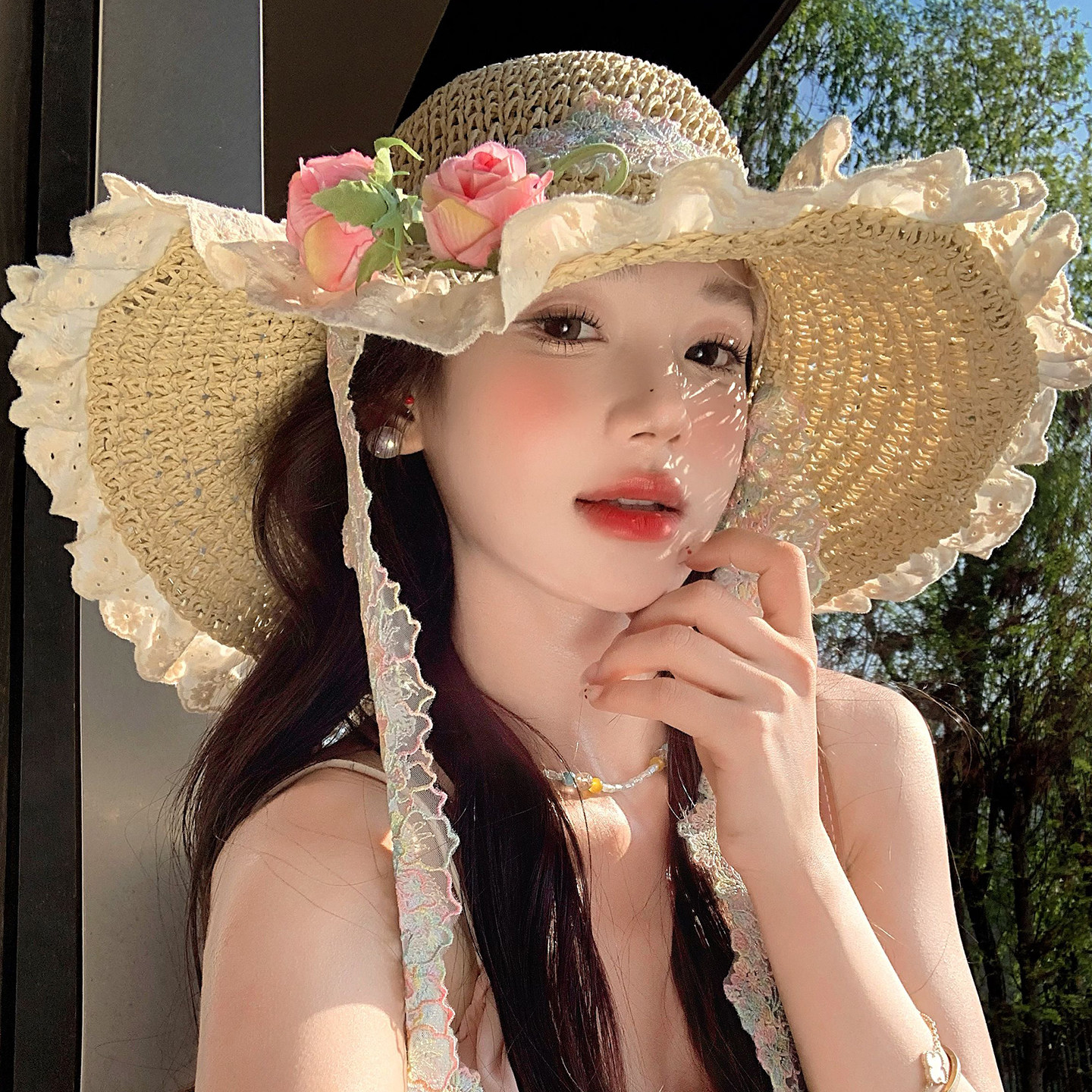 法式田园风玫瑰花蕾丝飘带草帽女夏季大帽檐海边度假沙滩防晒帽子