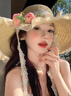 法式田园风玫瑰花蕾丝飘带草帽女