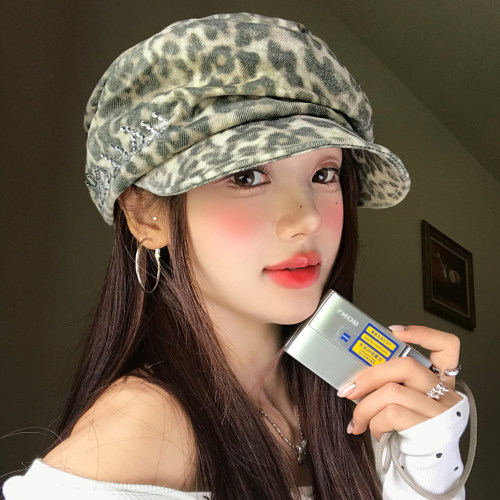 复古千禧辣妹风豹纹烫钻贝雷帽女