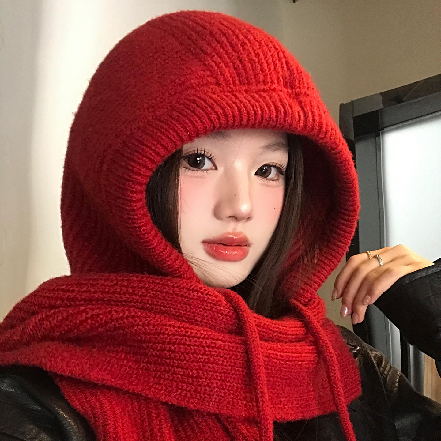 2025新款红色巴拉克拉法帽女冬季