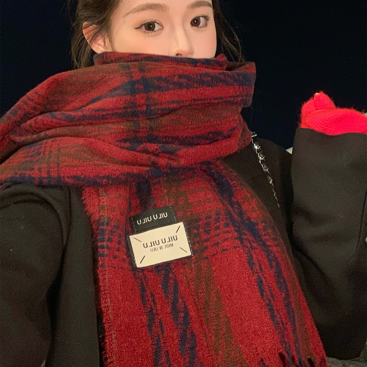 新年圣诞酒红色条纹流苏针织围巾