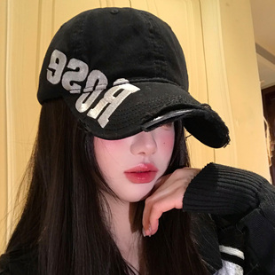 美式 街头做旧破洞字母黑色棒球帽女大帽檐显脸小加大加深鸭舌帽子
