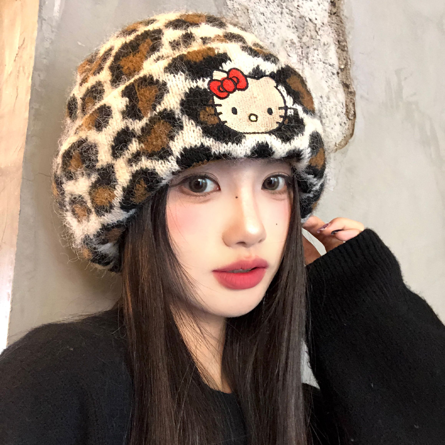 可爱豹纹kitty猫针织帽女秋冬保暖冷帽大头围加厚显脸小毛线帽子