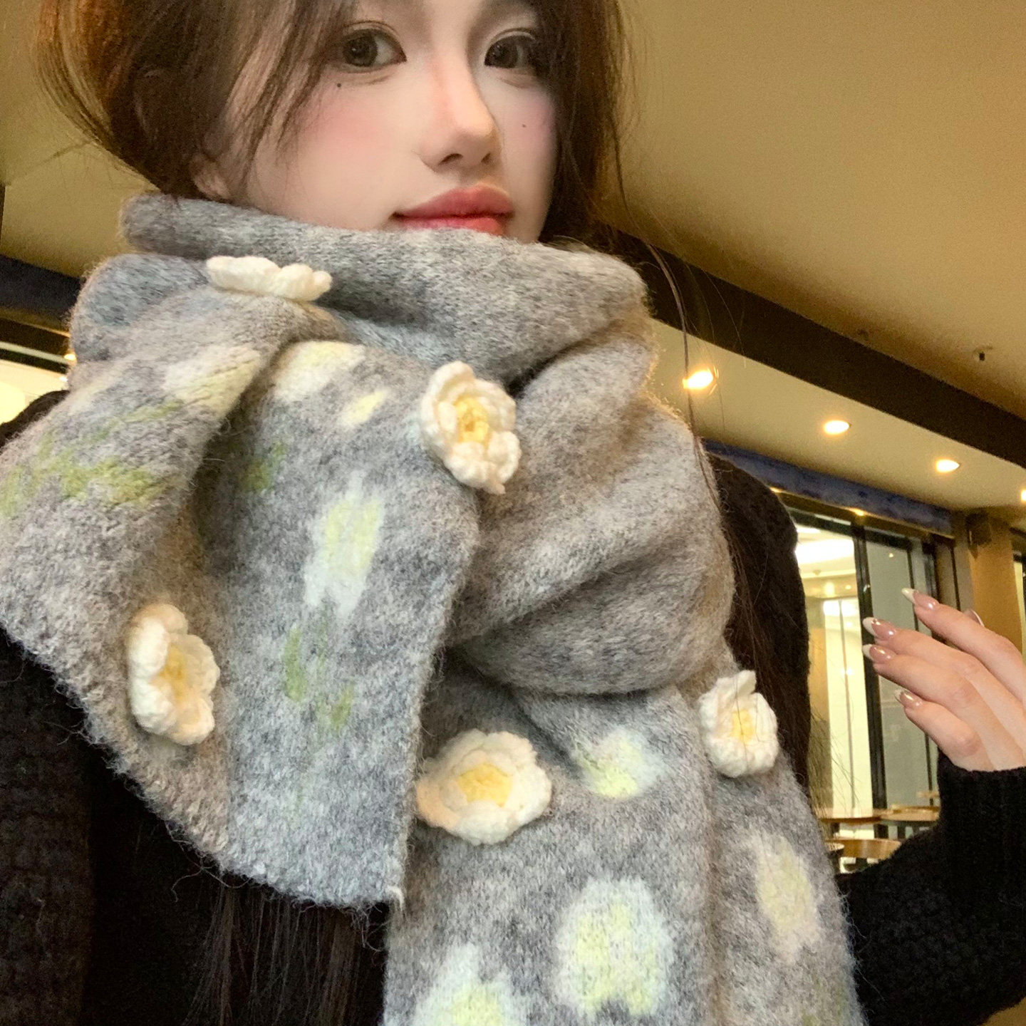 灰色山茶花针织围巾女2025新款秋冬保暖加厚防寒护颈韩系百搭围脖,服饰配件/皮带/帽子/围巾,围巾/丝巾/披肩,淘宝优惠券,粉丝福利购,淘宝优惠卷