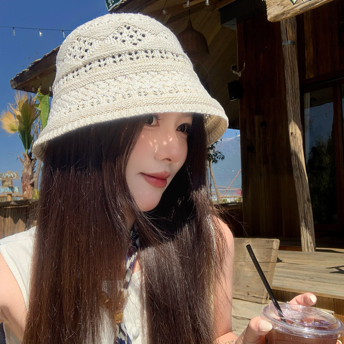 米白色镂空针织渔夫帽女薄款遮阳图片