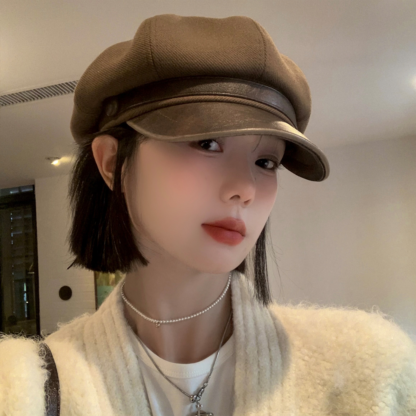 美拉德棕色复古贝雷帽显脸小秋冬
