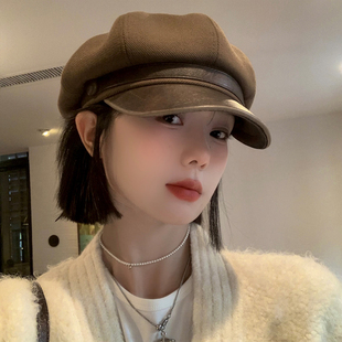 美拉德棕色复古贝雷帽女2025新款秋冬显脸小八角帽子大头围报童帽