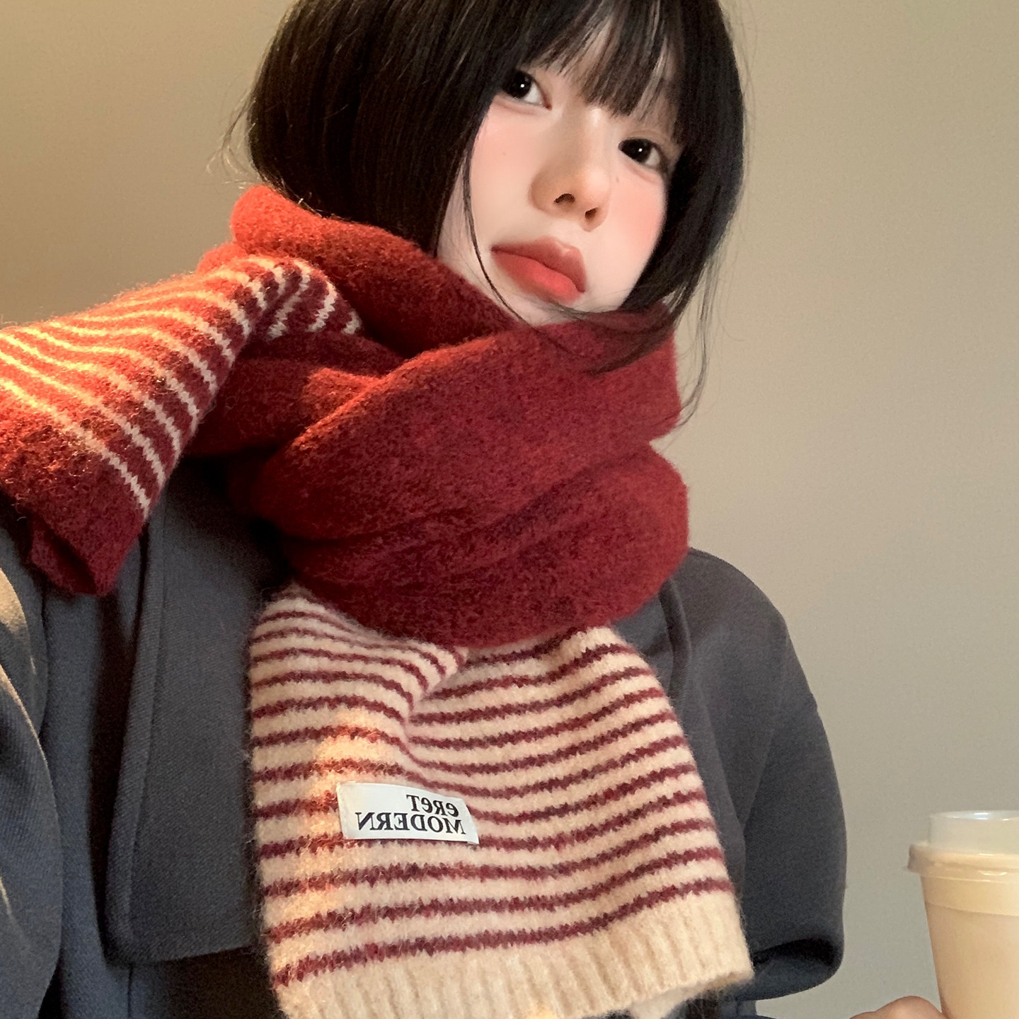 红色条纹高级感针织围巾女秋冬季加厚保暖防寒护颈氛围感毛线围脖,服饰配件/皮带/帽子/围巾,围巾/丝巾/披肩,淘宝优惠券,粉丝福利购,淘宝优惠卷