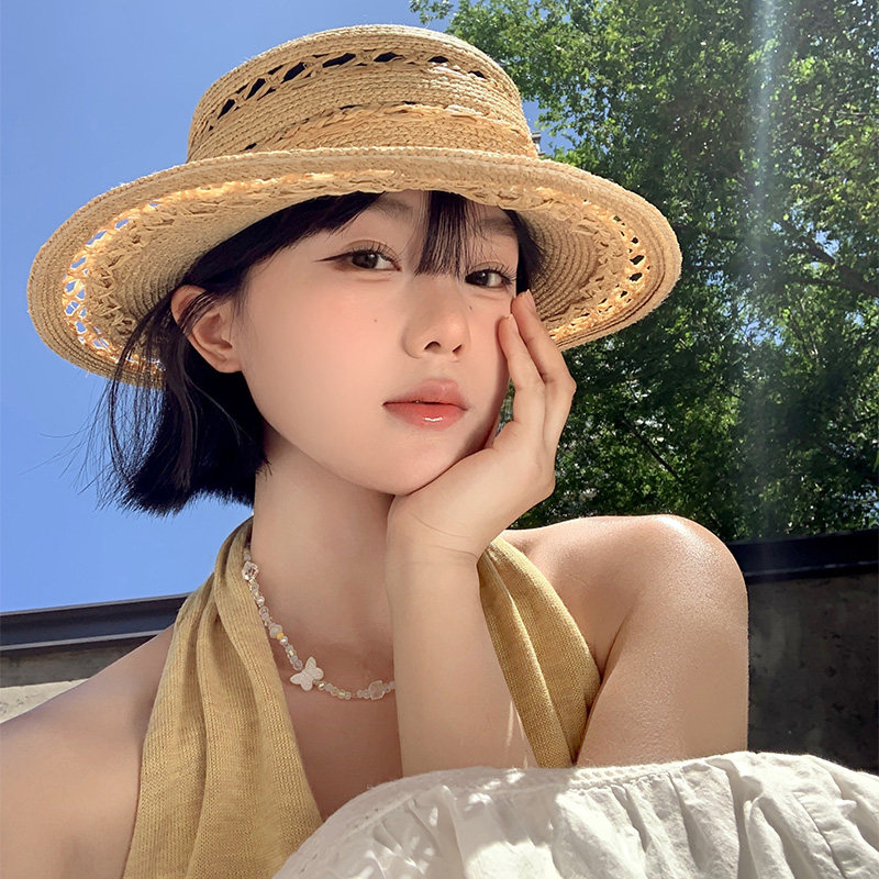法式平顶手工编织拉菲草帽女夏季显脸小遮阳防晒海边度假沙滩帽子