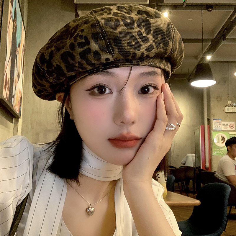 美式复古辣妹豹纹贝雷帽女春秋季