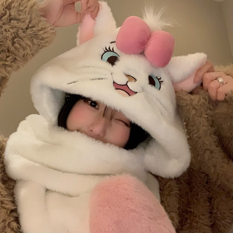 迪士尼玛丽猫帽子围巾一体女2025