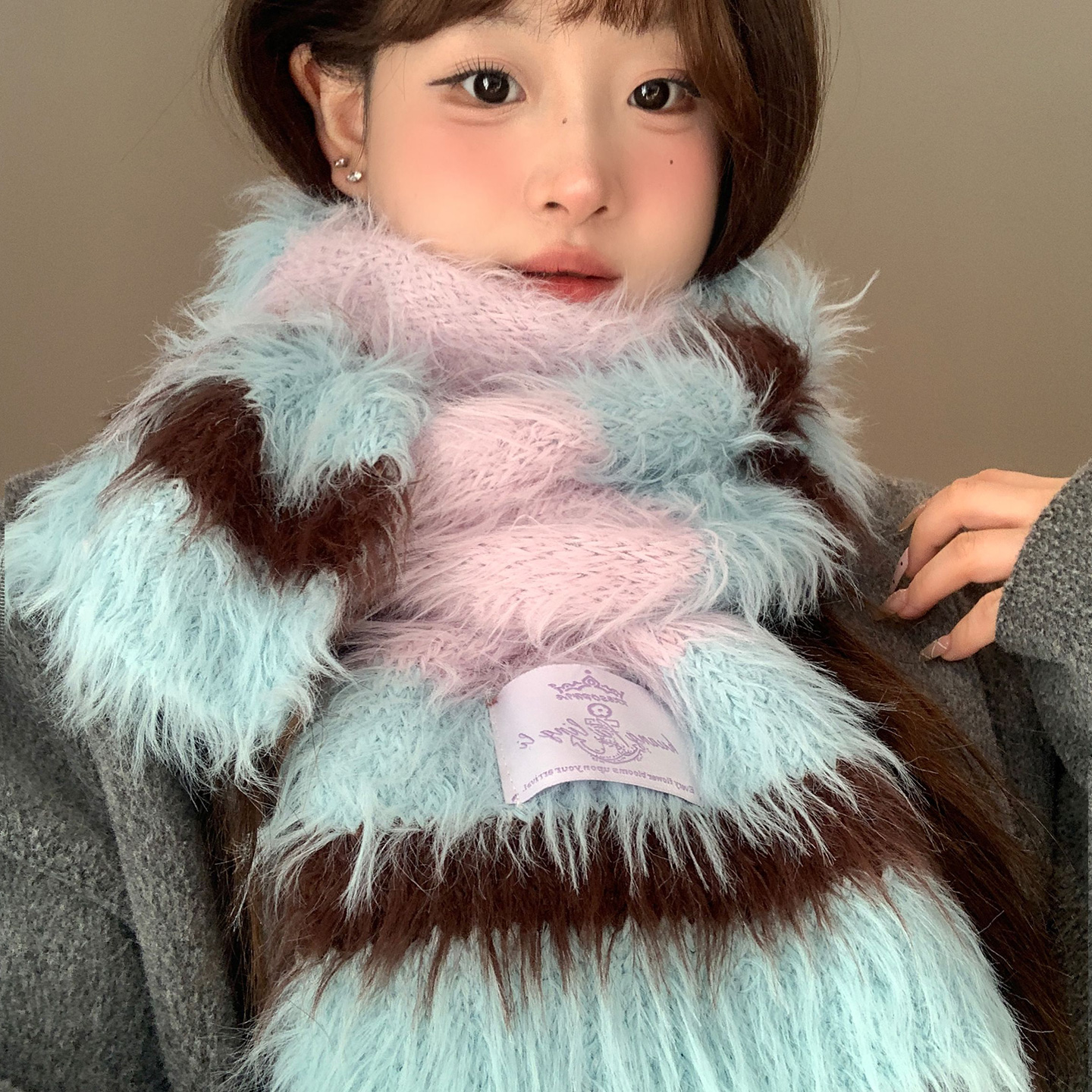 多巴胺彩色毛绒针织围巾女秋冬季