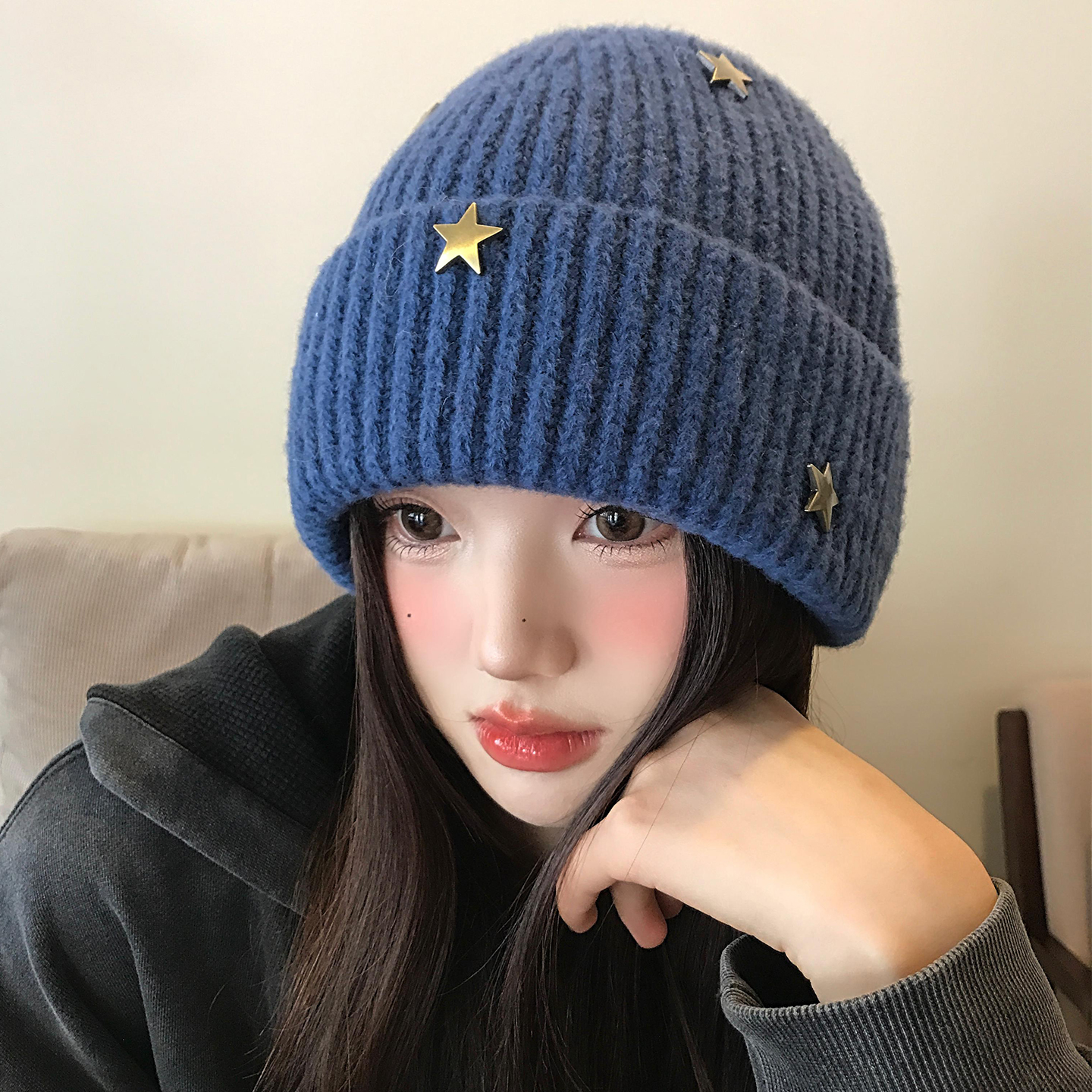 韩系蓝色立体星星针织毛线帽秋冬