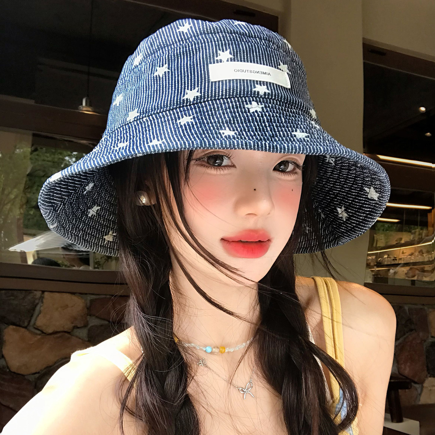 星星条纹牛仔渔夫帽女夏季轻薄款防晒帽大帽檐盆帽显脸小水桶帽子